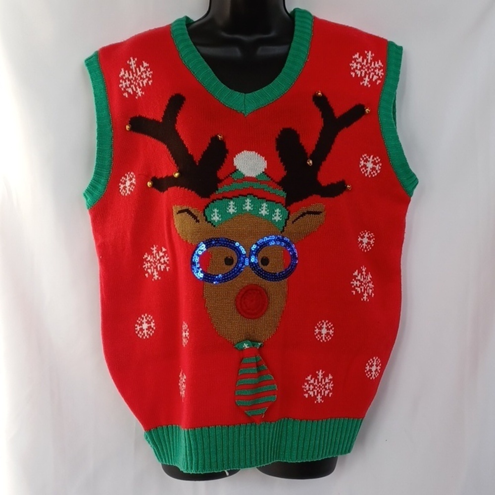 Christmas Sweater Vest XL Red Green Holiday Design Rudolph, 23" PTP, 25" L